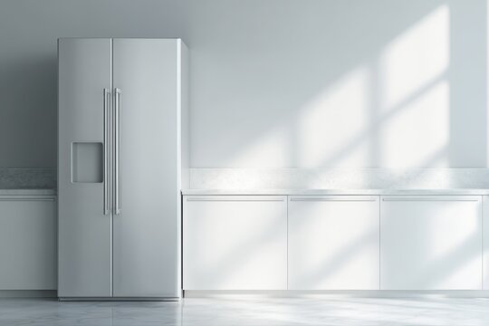 sleek artificial intelligence smart refrigerator standing in minimalist modern kitchen interior