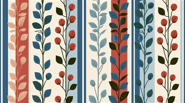 Seamless vertical stripes pattern with stylized leaves and berries design