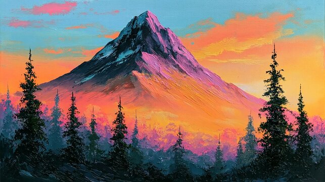 Vibrant sunset landscape with majestic mountain and pine trees silhouette