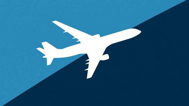 White airplane silhouette flying over blue sky with sharp shadow contrast