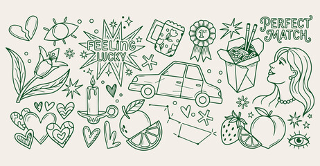 Saint Patrick day doodle background, Irish holiday luck line art, lucky clover sketch vector, shamrock celebration elements illustration, green car travel outline wallpaper, pub party seamless texture © Geetaroy