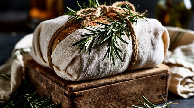 Close-up of Fresh Bread Wrapped in Cloth with Rosemary on Wooden Box