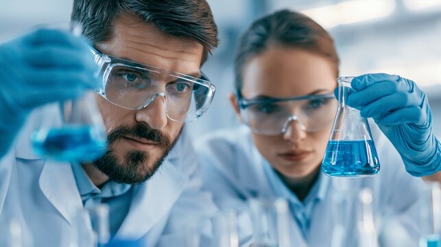 Two Scientists Conducting Chemical Experiment with Blue Liquid in Laboratory