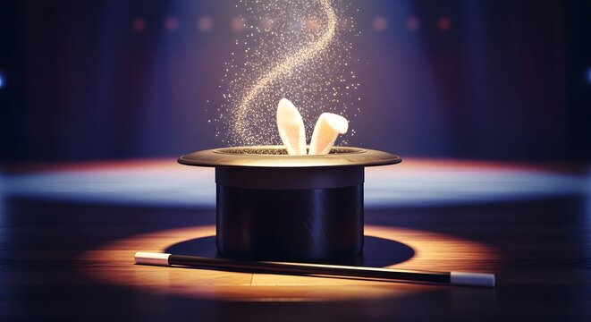 Magic top hat with rabbit ears and wand on stage