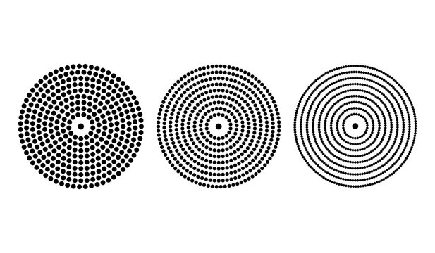 Vector pure black halftone concentric circles made of dots isolated on white background. Abstract geometric dotted round patterns collection. Technical circular radar screens and minimalist design.