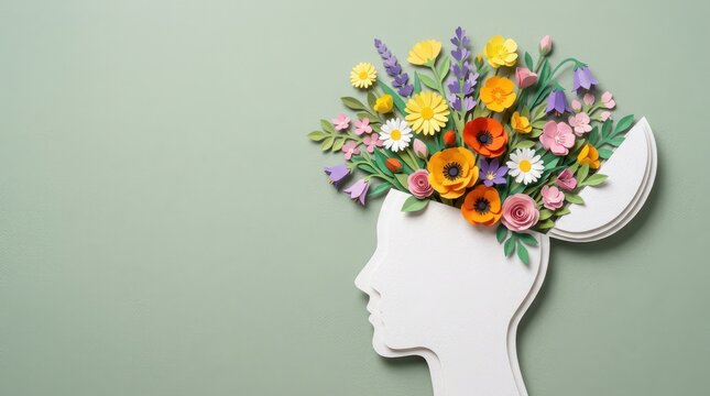 World Mental Health Day Open human head silhouette with flourishing colorful paper flowers for World Mental Health Day on textured green background