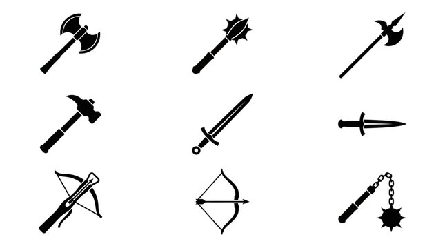 Set of nine vector silhouette collections of sword symbols, personal protective equipment and glory icons.