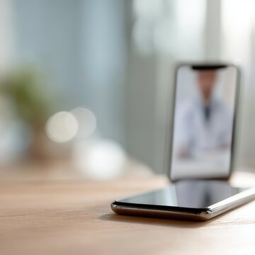 close up of smartphone screen showing friendly doctor talking during online medical consultation, telemedicine healthcare technology concept, blurred home background