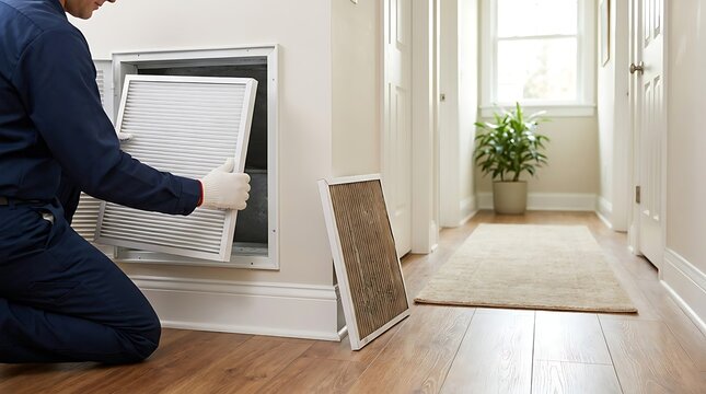 Person wearing dark blue uniform and white gloves changing air filter for central heating system HVAC maintenance home service.