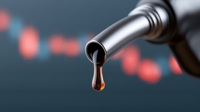 Crude oil dripping from fuel nozzle over declining market chart background