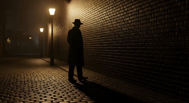 Man in silhouette standing in dark brick alley