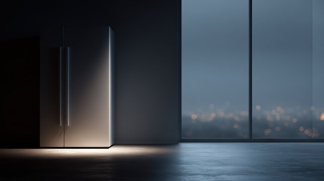 sleek smart refrigerator glowing in modern kitchen at night with city lights through window