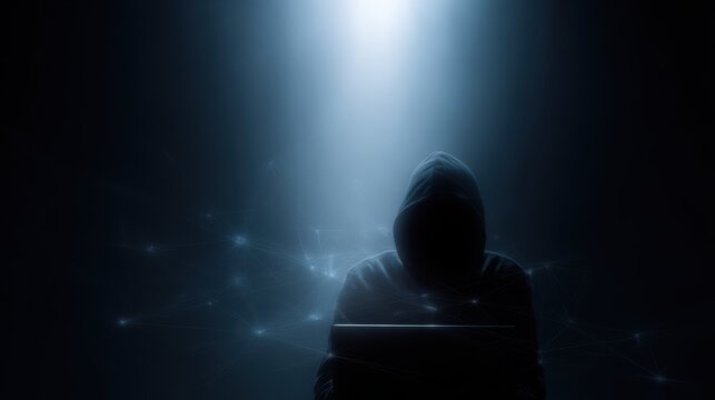 anonymous hacker with digital connections spreading from laptop internet cyber attack concept