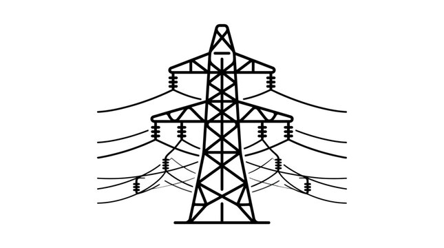A black and white line art illustration of a high voltage electrical transmission tower.