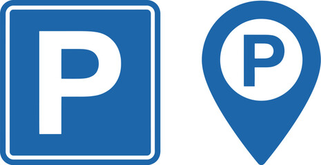 Blue parking sign and location pin icon for mobile map navigation app © SKY DRIVE
