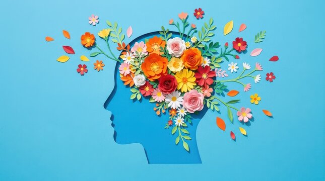 World Mental Health Day Blue human head silhouette with blooming colorful paper flowers and leaves for World Mental Health Day artistic concept