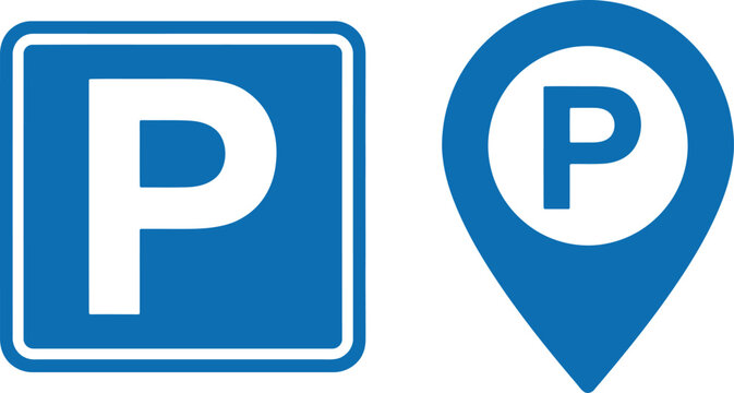 Blue parking sign and location pin icons for mobile map app interfaces