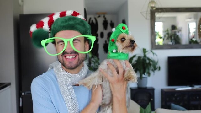 Cute man and his dog during Christmas 