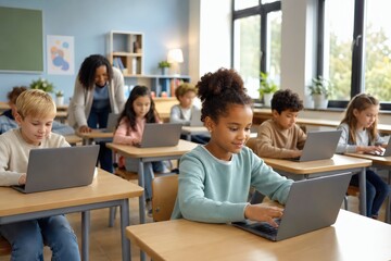 Obraz premium Modern classroom with children learning on laptops guided by teacher in bright educational environment