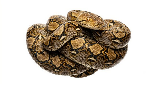 Coiled python snake with patterned skin isolated on white background