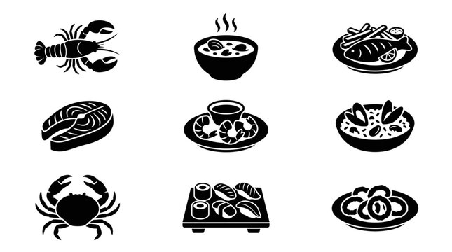 vector silhouette set nine collection of seafood and fine dinning