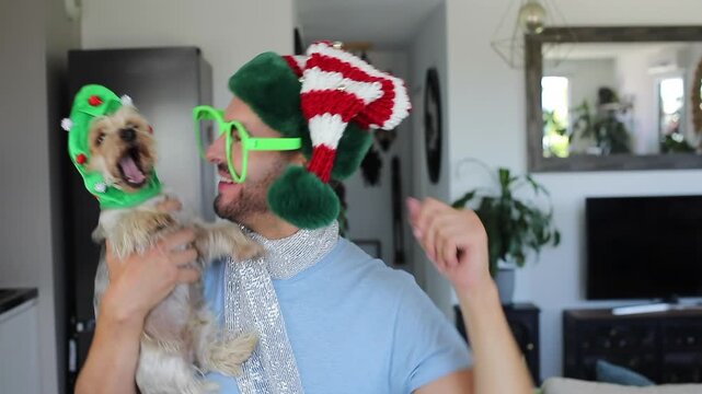 Cute man and his dog during Christmas 