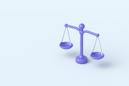 Scales of justice on light gray background. Symbol of law. Copy space. 3d render