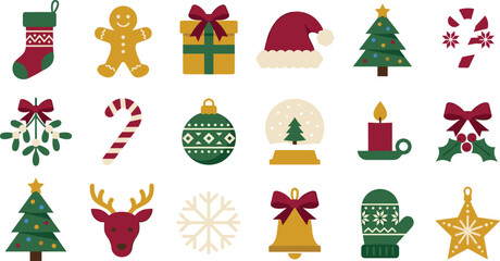Fototapeta premium Cute Christmas Icon Set with Flat Holiday Elements Including Gingerbread Man Tree Gift Box Reindeer and Santa Hat for Festive Web Designs