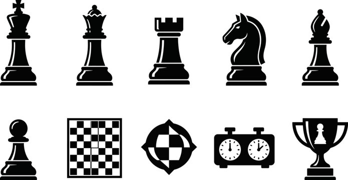 Black silhouette chess pieces and board elements on transparent background pawn rook knight