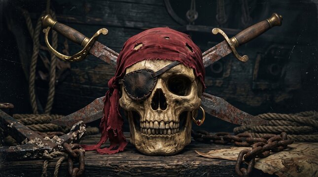 Vintage pirate skull with eye patch, red bandana and crossed swords, dramatic lighting, realistic textures, dark nautical theme