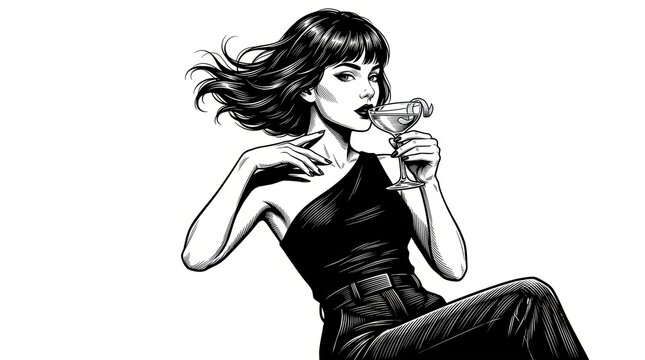 Black and White Scratchboard Illustration of Stylish Woman with Bob Haircut Holding Drink &ndash; Vintage Fashion Portrait