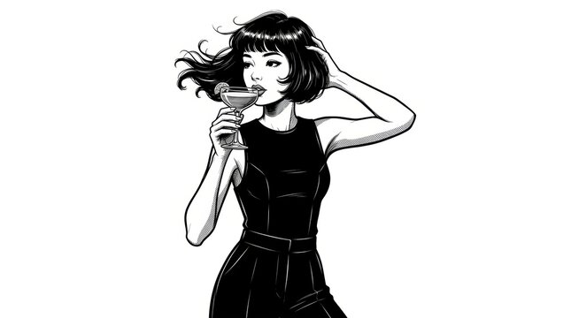 Black and White Scratchboard Illustration of Stylish Woman with Bob Haircut Holding Drink &ndash; Vintage Fashion Portrait