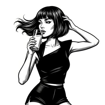 Black and White Scratchboard Illustration of Stylish Woman with Bob Haircut Holding Drink &ndash; Vintage Fashion Portrait