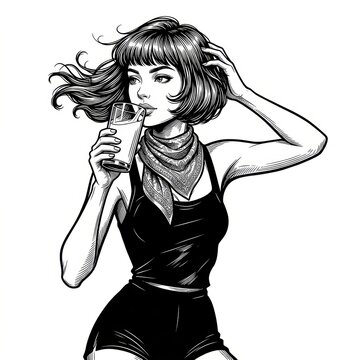 Black and White Scratchboard Illustration of Stylish Woman with Bob Haircut Holding Drink &ndash; Vintage Fashion Portrait