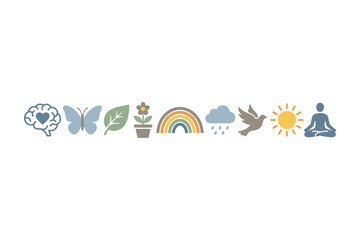 Obraz premium A horizontal row of colorful icons representing nature wellness and mindfulness concepts.