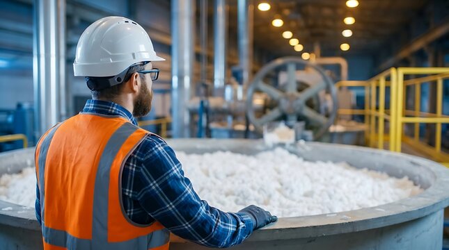 Industrial worker wearing hard hat and reflective vest inspecting white chemical material inside mixing tank during production cycle within large scale modern manufacturing plant.
