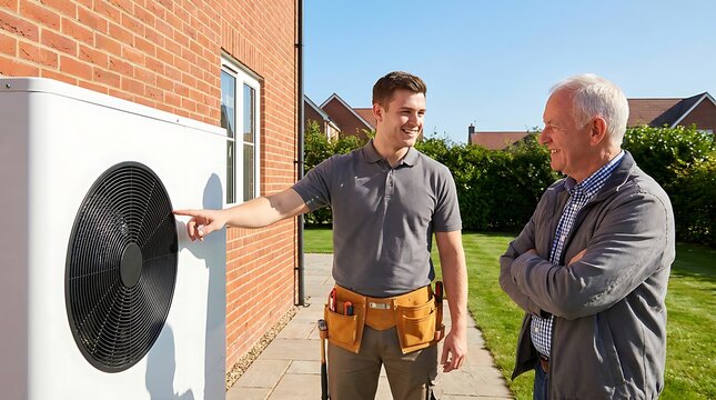 Young technician explaining operation of outdoor heat pump unit to elderly male homeowner while pointing at device casing standing on residential patio garden with brick wall.