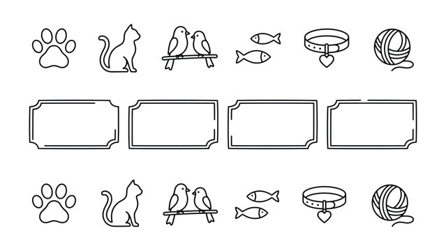 Animal Icons Set: A collection of stylized line art icons representing pets and nature, including paw prints, cats, birds, fish, collars, yarn balls, and decorative frames.