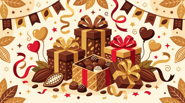 Ilustra&ccedil;&atilde;o festiva com caixas de presente de chocolate e bombons decorados para celebra&ccedil;&atilde;o.