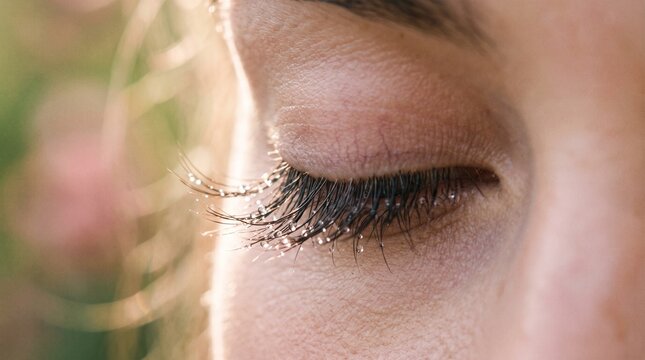 quality high detailed Macro close up photography of a womans closed eye with dew drops in high definition 2k resolution