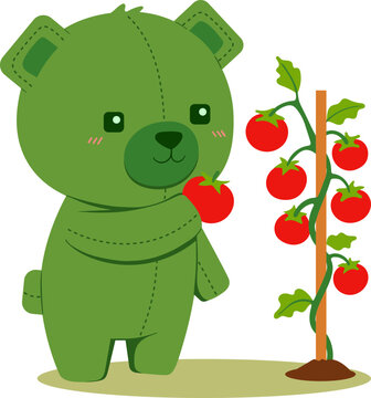 Green Bear Picking Tomatoes from Plant