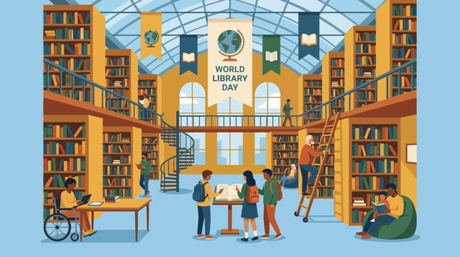 Ilustra&ccedil;&atilde;o vetorial de uma biblioteca moderna com pessoas estudando e lendo livros em um ambiente educacional.