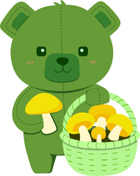 Green Teddy Bear Holding Basket of Mushrooms
