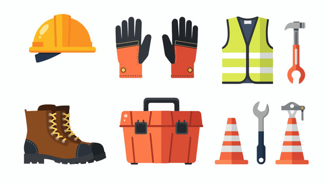 Conjunto de &iacute;cones de equipamentos de prote&ccedil;&atilde;o individual e ferramentas de constru&ccedil;&atilde;o civil.