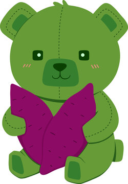 Green teddy bear holding a purple sweet potato.