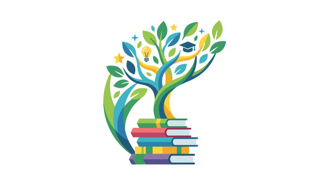 Ilustra&ccedil;&atilde;o vetorial de uma &aacute;rvore do conhecimento crescendo a partir de uma pilha de livros.