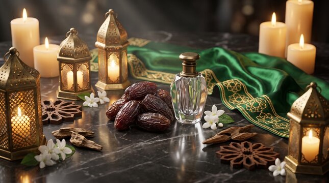 Luxury Ramadan Still Life with Premium Dates, Arabic Lanterns, Attar Perfume and Green Prayer Cloth on Dark Marble Background
