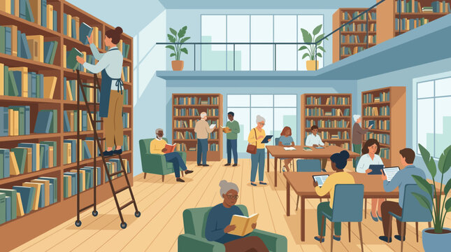 Ilustra&ccedil;&atilde;o vetorial de uma biblioteca p&uacute;blica moderna com pessoas lendo e estudando.