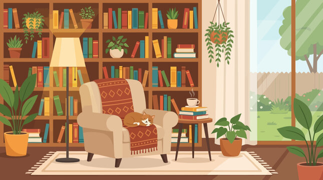 Ilustra&ccedil;&atilde;o vetorial de uma sala de leitura aconchegante com estante de livros poltrona confort&aacute;vel e plantas.