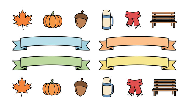 Autumnal Elements Collection: A curated assortment of iconic autumn symbols including maple leaves, pumpkins, acorns, a thermos, a scarf, and park benches, alongside four decorative ribbons.